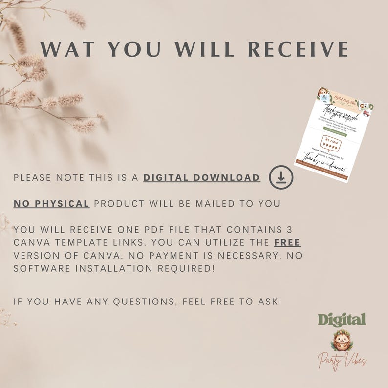 May include: A digital download announcement with text that reads "WAT YOU WILL RECEIVE." The image includes a sample review card and instructions for use. The text emphasizes that it is a digital product, with no physical item.