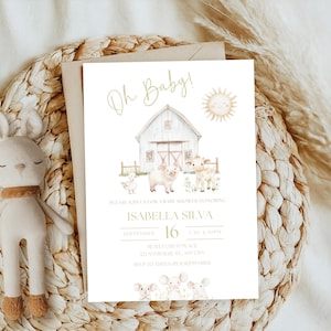 Invitation à une fête prénatale avec animaux de la ferme, modèle d'invitation modifiable sur Canva, invitation minimaliste et neutre pour une fête prénatale PD90