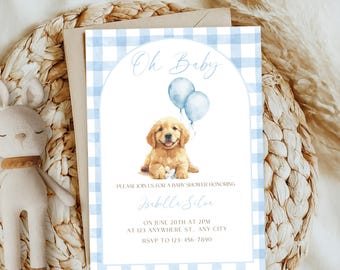 Invito per baby shower a tema Golden Retriever, modello modificabile per baby shower a tema cucciolo su Canva, invito stampabile con fiocco blu per cucciolo PD154
