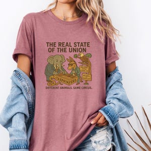 Sarcastic Political T-Shirt The Real State of the Union Graphic Tee, Satirical Elephant and Donkey Design,  Funny Congress Shirt
