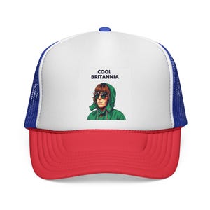 Cool Britannia Trucker Cap, Retro Hat, Vintage Style Cap, Outdoor Headwear, Music Festival Accessory, Casual Everyday Hat