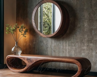 Real Walnut Wood Bench: Mid-Century Modern Entryway Side Table