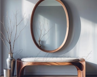 Real Walnut wood Mirror, Modern Minimalist Wall Decor Earthy, Natural Design for Living Room or Entryway