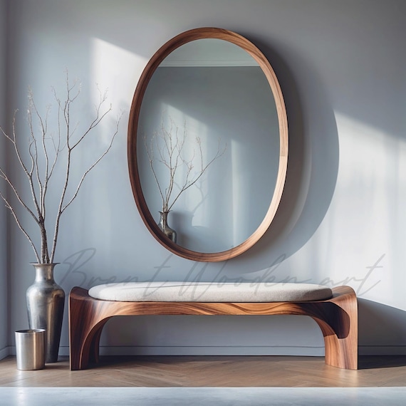 Real Walnut Wood Oval Mirror: Modern Minimalist Wall Decor