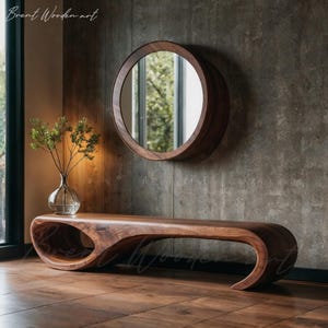 Real Walnut Wood Bench: Mid-Century Modern Entryway Side Table
