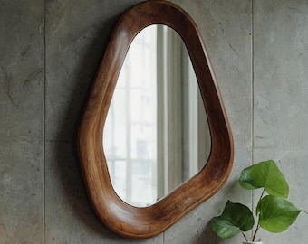 RUBY Wood Frame Mirror - Walnut Wood Mirror, Wooden Frame Wall Mirror, Home Decor Mirror, Irregular Mirror, Bathroom Mirror, Vanity Mirror