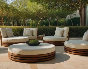Set da salotto da esterno in legno di iroko fatto a mano, chaise longue scultorea moderna