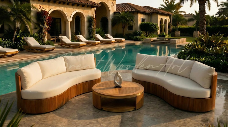 May include: Outdoor furniture set featuring two curved sofas with cream-colored cushions and a round wooden coffee table. The set is made of wood and is placed near a swimming pool. A decorative sculpture sits on the table.
