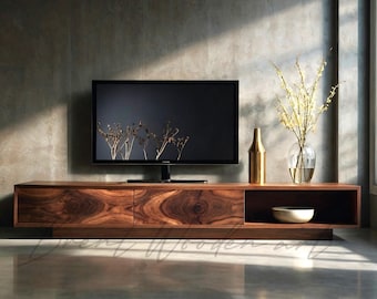 Móvel de TV artesanal em nogueira, estilo moderno de meados do século XX: console de mídia de perfil baixo