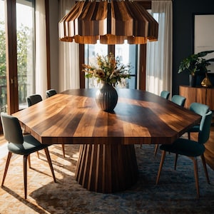 Puede incluir: Una gran mesa de comedor octogonal de madera oscura, rodeada de sillas color teal. Un jarrón decorativo con flores se encuentra en el centro. Arriba, una lámpara de araña de madera a juego cuelga del techo. La habitación está llena de luz natural.