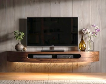 Handcrafted Walnut Floating TV Stand: Modern LED Media Console