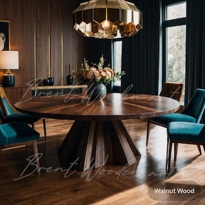 Round Solid Walnut Dining Table with Geometric Pedestal Base – Modern Handmade Wood Table for Dining Room or Kitchen