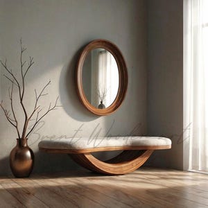 Walnut or Beech Wood Entryway Bench: Modern Curved Design image 2