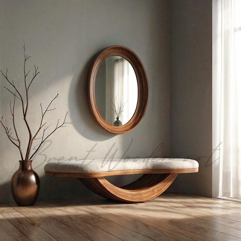 Walnut or Beech Wood Entryway Bench: Modern Curved Design image 2