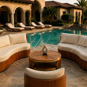 May include: Outdoor furniture set featuring curved sofas with cream-colored cushions and wooden frames. A round wooden coffee table with a decorative sculpture sits in the center. The set is arranged near a swimming pool.