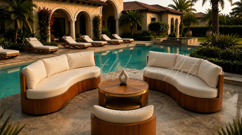 May include: Outdoor furniture set featuring curved sofas with cream-colored cushions and wooden frames. A round wooden coffee table with a decorative sculpture sits in the center. The set is arranged near a swimming pool.