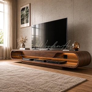 May include: A modern, curved walnut TV stand with a large flat-screen television. The stand features a built-in shelf with media components and warm lighting. A framed botanical print and decorative items complete the living room setting.