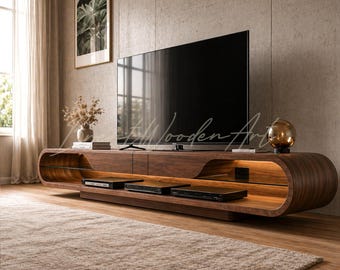 Massief walnotenhouten tv-meubel, handgemaakte moderne mediaconsole met ledverlichting