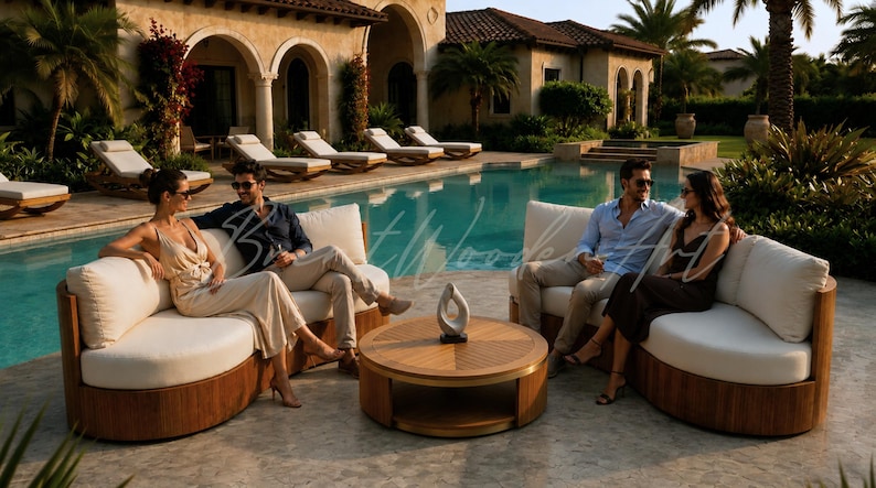 May include: Outdoor seating arrangement featuring curved sofas with cream cushions and wooden frames, arranged around a round wooden coffee table. The scene is set by a pool with a luxurious villa in the background.