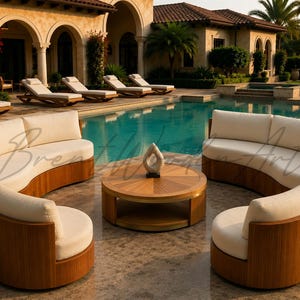 May include: Outdoor furniture set featuring a curved sofa, two armchairs, and a round coffee table. The set has a wooden frame with cream-colored cushions, arranged around a pool in a luxurious setting.