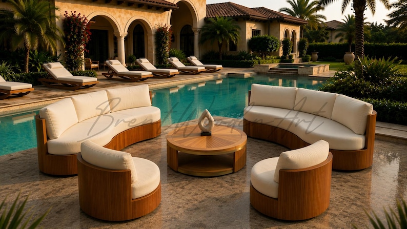 May include: Outdoor furniture set featuring a curved sofa, two armchairs, and a round coffee table. The set has a wooden frame with cream-colored cushions, arranged around a pool in a luxurious setting.