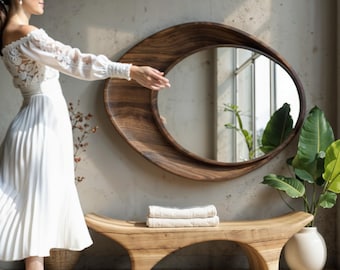 WALNUT Wood Frame Mirror - Real wood Mirror, Natural Design for Living Room or Entryway, Handmade Mirror