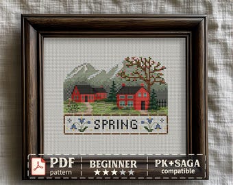 Spring House Cross Stitch Pattern – Red Cottage in Mountain Village, PDF Digital Download