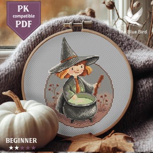 Halloween Witch Cross Stitch PDF Pattern | Easy Halloween Embroidery Design