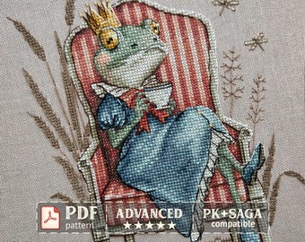 Frog Cross Stitch Pattern – Whimsical Frog Prince, Storybook Sampler PDF