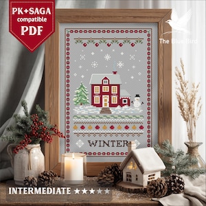 Pode incluir: Um padrão de ponto cruz emoldurado com uma casa vermelha em uma cena de inverno com um boneco de neve e uma árvore de Natal. A palavra "WINTER" é costurada na parte inferior. A imagem é rotulada como "PK+SAGA compatible PDF" e "INTERMEDIATE".