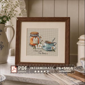 Tea with the Bees Cross Stitch Pattern PDF, Honey Jar & Teacup Embroidery, Cottage Kitchen Decor