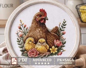 Chicken Cross Stitch Pattern PDF – Farmhouse Hen and Chicks Sampler for Kitchen Decor