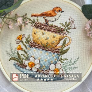 Patrón de punto de cruz de pájaro en PDF, diseño de bordado de taza de té estilo cottagecore de primavera, gráfico de bordado floral vintage