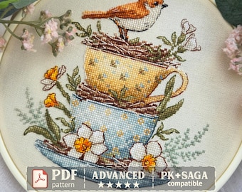 Bird Cross Stitch Pattern PDF, Spring Cottagecore Teacup Embroidery Design, Vintage Floral Needlework Chart