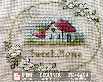 Sweet Home Cross Stitch Pattern, Cottage Floral Sampler, Modern Farmhouse Decor (PDF Download)