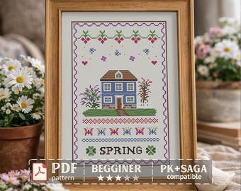 Spring Cross Stitch Pattern – Floral Cottage House Sampler PDF, Cottagecore Decor