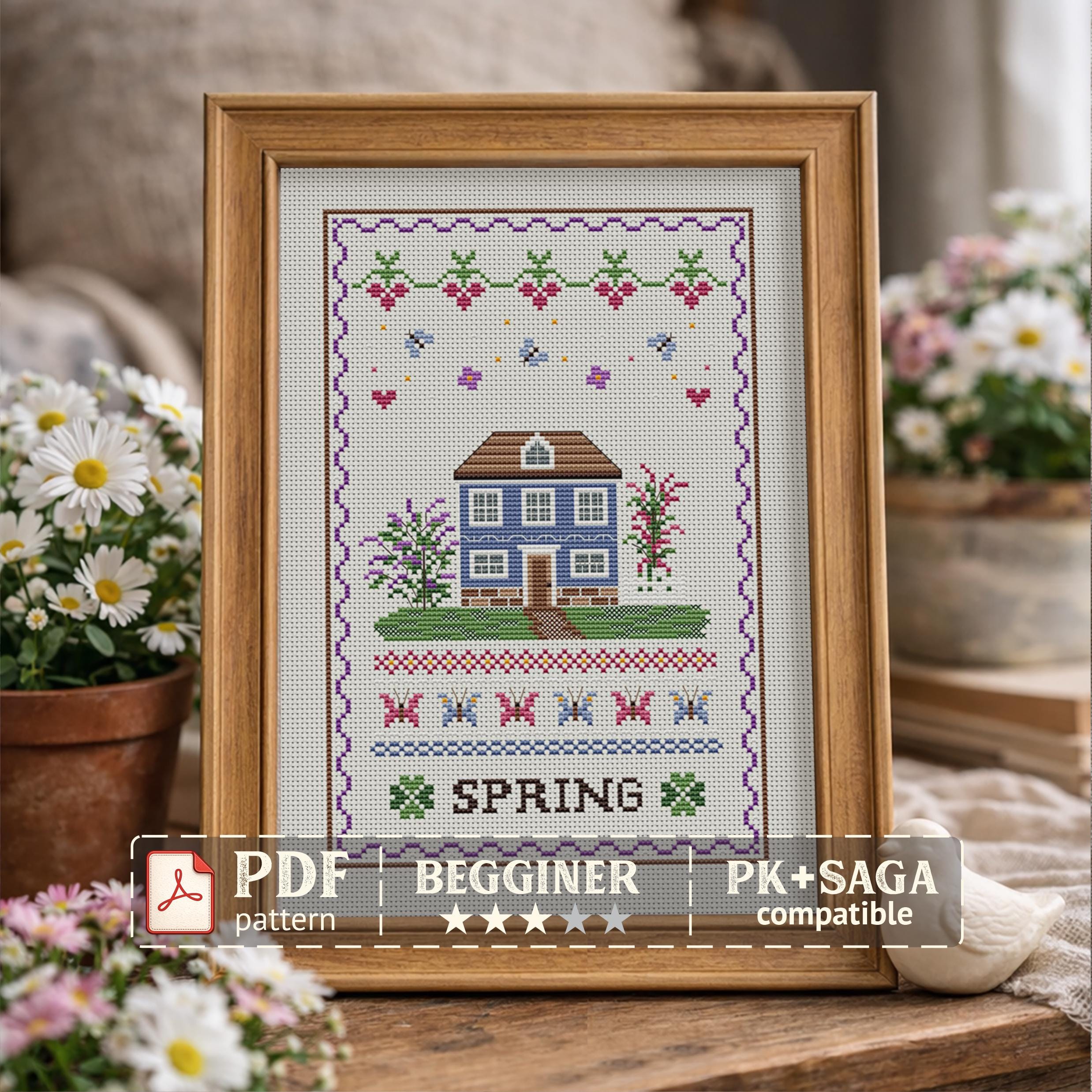 Spring Cross Stitch Pattern – Floral Cottage House Sampler PDF ...