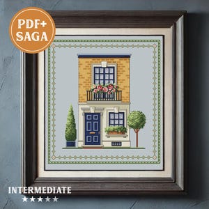 Blue Door Townhouse Cross Stitch Pattern PDF | Cozy British Cottage Embroidery Design