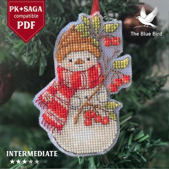Snowman Ornament Cross Stitch Pattern, Winter Holiday Embroidery (PDF Pattern, Saga File)