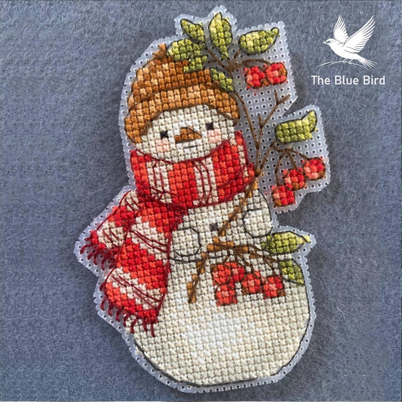 Close-up of stitched snowman ornament with festive details