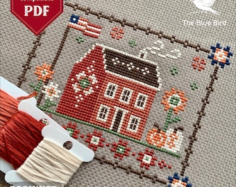 Fall Cottage Cross Stitch Pattern: Pumpkins & Flowers (PDF Pattern) | point de croix