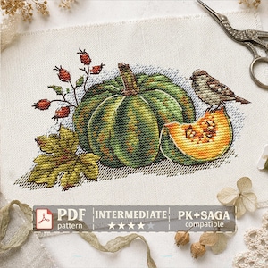 May include: A cross-stitch pattern on fabric featuring a large green pumpkin, a slice of orange pumpkin, a small brown bird, a yellow leaf, and red berries. The text reads PDF INTERMEDIATE PK+SAGA compatible with a PDF icon and four stars.