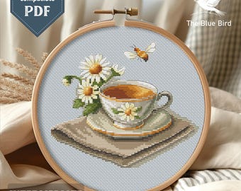 Chamomile Tea Cup and Bee Cross Stitch Pattern | Floral PDF Embroidery Design