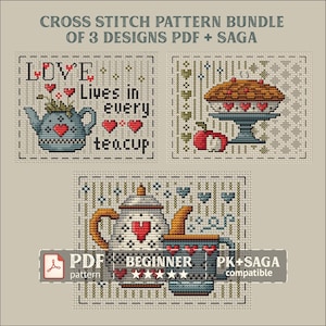 Könnte beinhalten: Ein Kreuzstich-Musterpaket mit drei Designs mit Teemotiven. Die Designs umfassen eine Teekanne, einen Kuchen und eine Tasse, alle mit Herzen verziert. Der Text "LOVE Lives in every teacup" ist ebenfalls enthalten. Das Paket ist PDF- und SAGA-kompatibel.