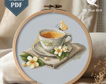 Jasmine Tea Cup Cross Stitch Pattern: Vintage Floral Embroidery, PDF Download