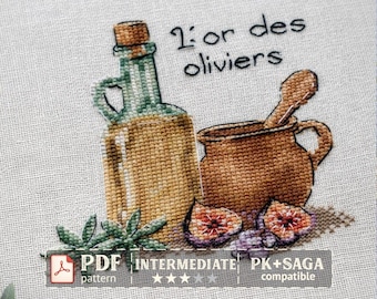 Olive Kitchen Cross Stitch Pattern, Rustic Mediterranean Embroidery (PDF)