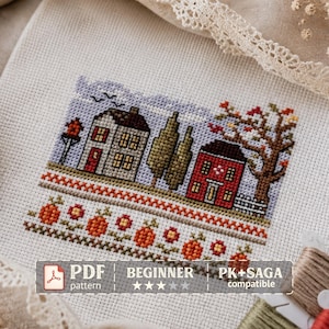 Autumn Sampler Cross Stitch Pattern, Primitive Cottage Folk Art (PDF Download)