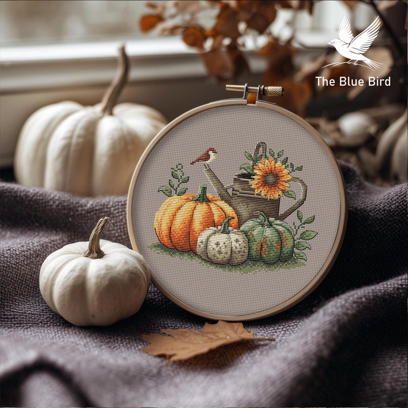 Fall Watering Can Cross Stitch Pattern – Pumpkins and Bird (PDF Pattern ...