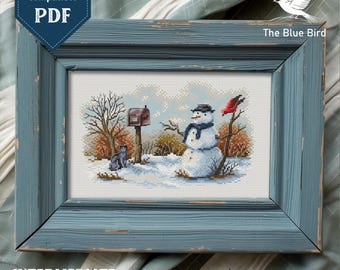Winter Snowman Cross Stitch Pattern – Cat, Bird, Christmas Scene (PDF Pattern)