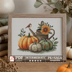 Patrón de punto de cruz para regadera de otoño: Calabazas y pájaro (patrón en PDF)